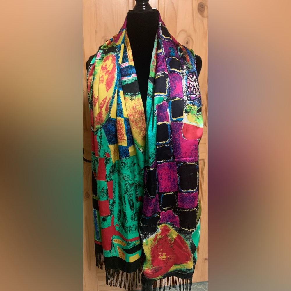 J Raani silk scarf/wrap beautiful colors like new beaded fringe